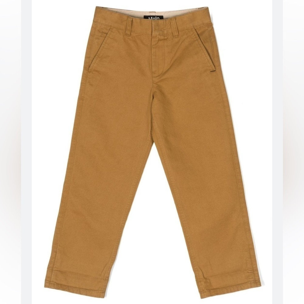 Molo Ace Logo Patch Trousers 100% Cotton Twill in Camel Brown Size 10Y/ 140cm